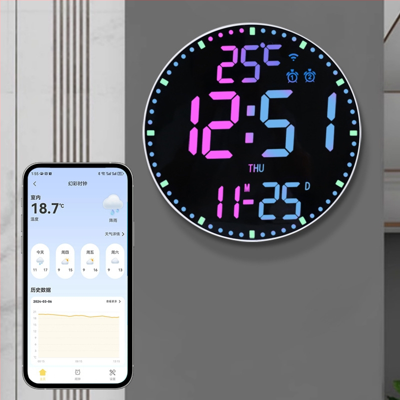 Ηλεκτρονικό ρολόι τοίχου 12 ιντσών με ψηφιακό ημερολόγιο, ξυπνητήρι αναβολής καθιστικού, αντίστροφη μέτρηση για φοιτητές, δημιουργικό στρογγυλό ρολόι