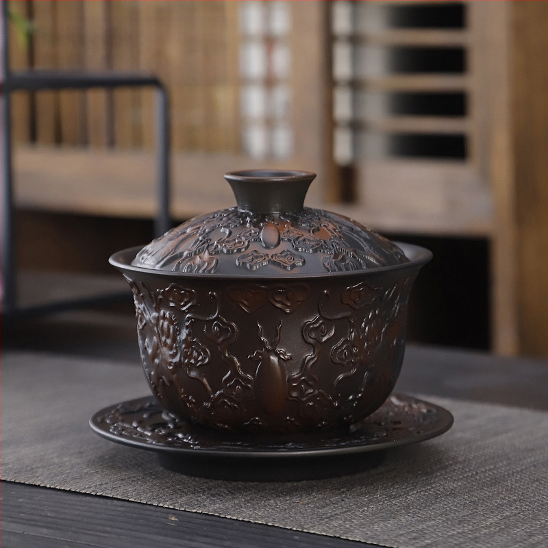 Lila kerámia kung fu teáskészlet öltöny retro háztartási egyszerű teáskanna fedél tál teáskészlet kiegészítők magas színű, értékű kézzel készített ajándék