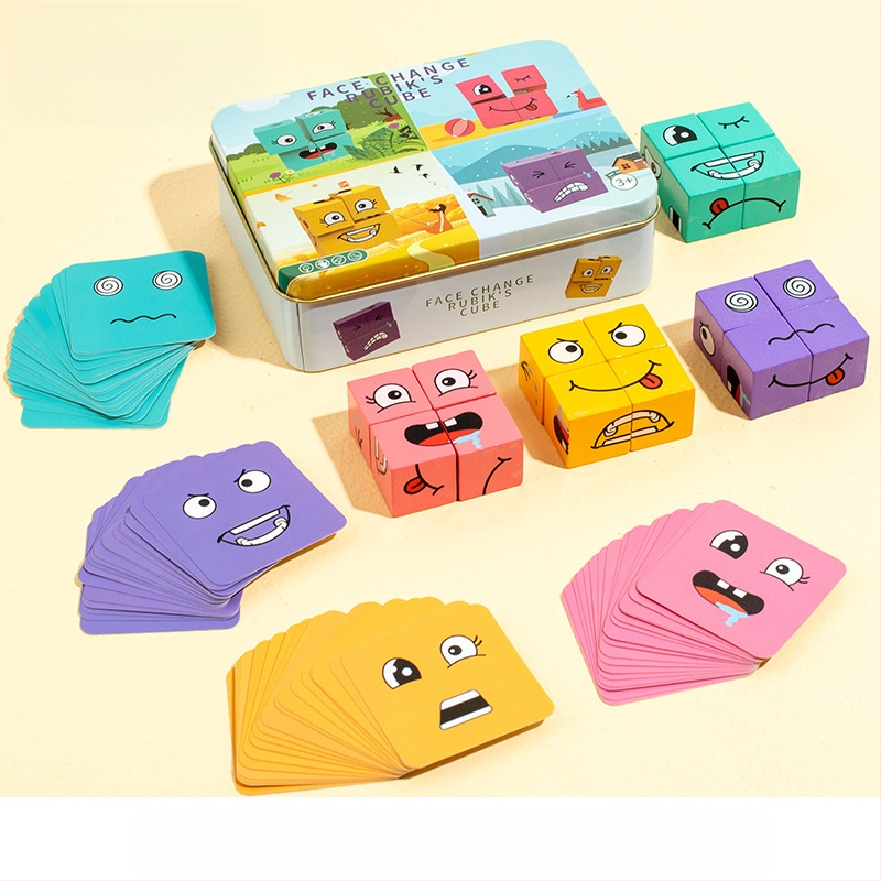 Детски сменящи лицето кубчета на Рубик, строителни блокове, образователни играчки, интерактивна настолна бойна игра за родители и деца, дървена усмихната шарка, кубче на Рубик
