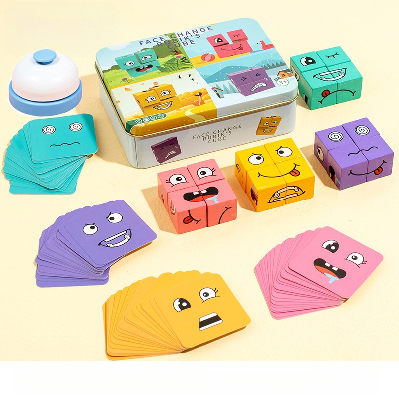 Детски сменящи лицето кубчета на Рубик, строителни блокове, образователни играчки, интерактивна настолна бойна игра за родители и деца, дървена усмихната шарка, кубче на Рубик