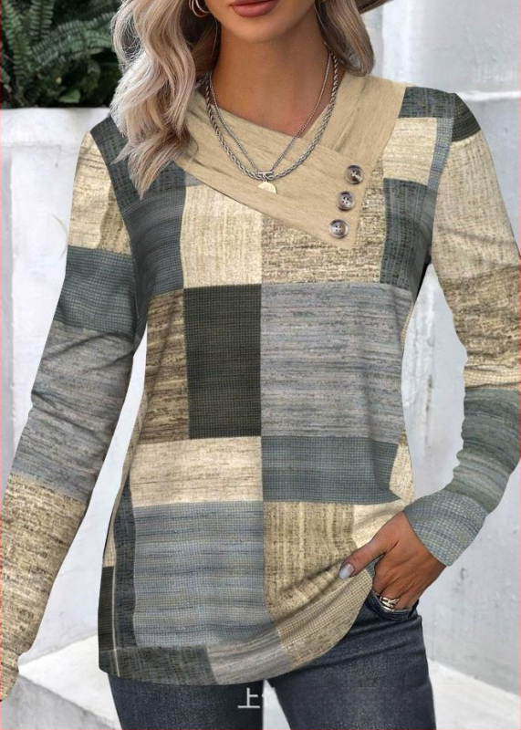 Határokon átnyúló Amazon AliExpress, Európa és az Egyesült Államok őszi és téli új divatos, nyomtatott V-nyakú, gombos hosszú ujjú póló felső