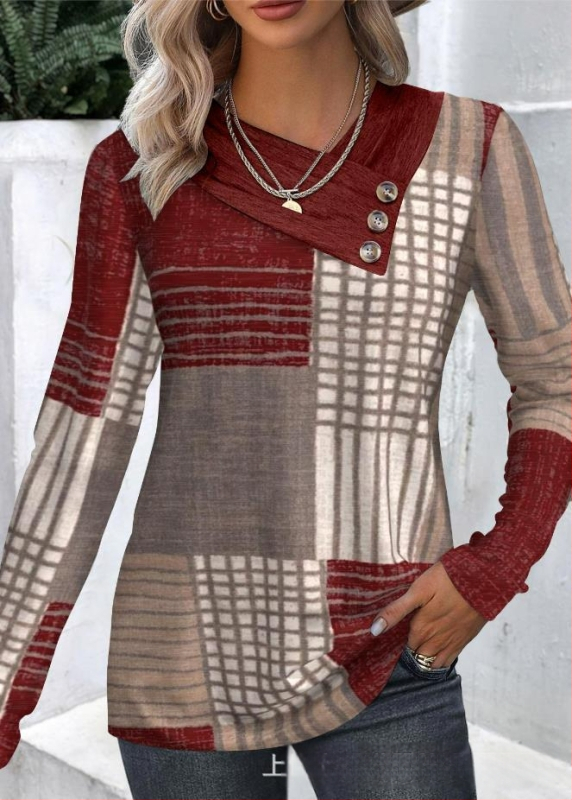 Határokon átnyúló Amazon AliExpress, Európa és az Egyesült Államok őszi és téli új divatos, nyomtatott V-nyakú, gombos hosszú ujjú póló felső