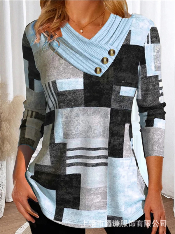 Határokon átnyúló Amazon AliExpress, Európa és az Egyesült Államok őszi és téli új divatos, nyomtatott V-nyakú, gombos hosszú ujjú póló felső