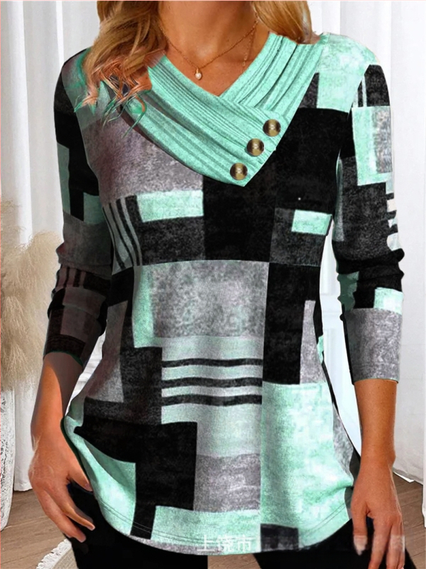 Határokon átnyúló Amazon AliExpress, Európa és az Egyesült Államok őszi és téli új divatos, nyomtatott V-nyakú, gombos hosszú ujjú póló felső