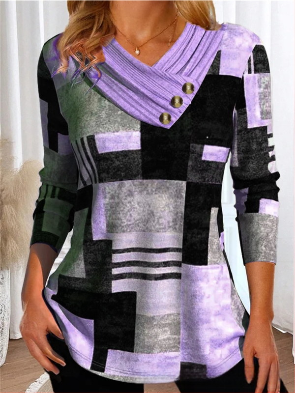 Határokon átnyúló Amazon AliExpress, Európa és az Egyesült Államok őszi és téli új divatos, nyomtatott V-nyakú, gombos hosszú ujjú póló felső