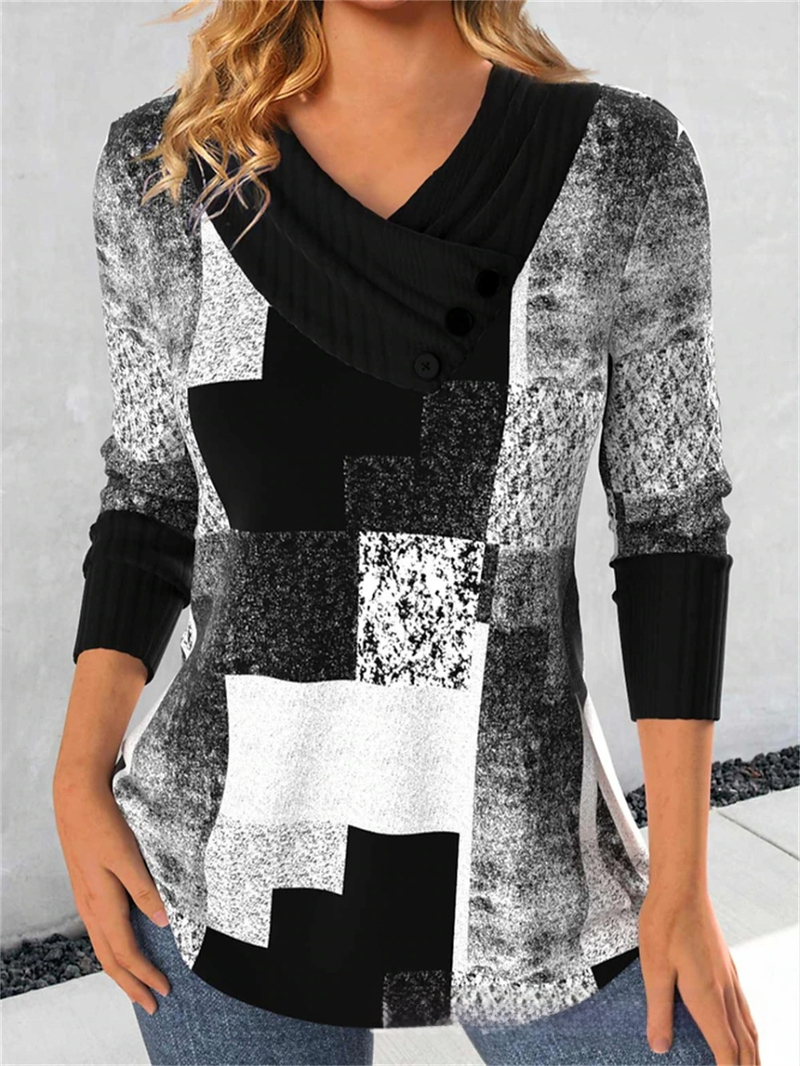 Határokon átnyúló Amazon AliExpress, Európa és az Egyesült Államok őszi és téli új divatos, nyomtatott V-nyakú, gombos hosszú ujjú póló felső