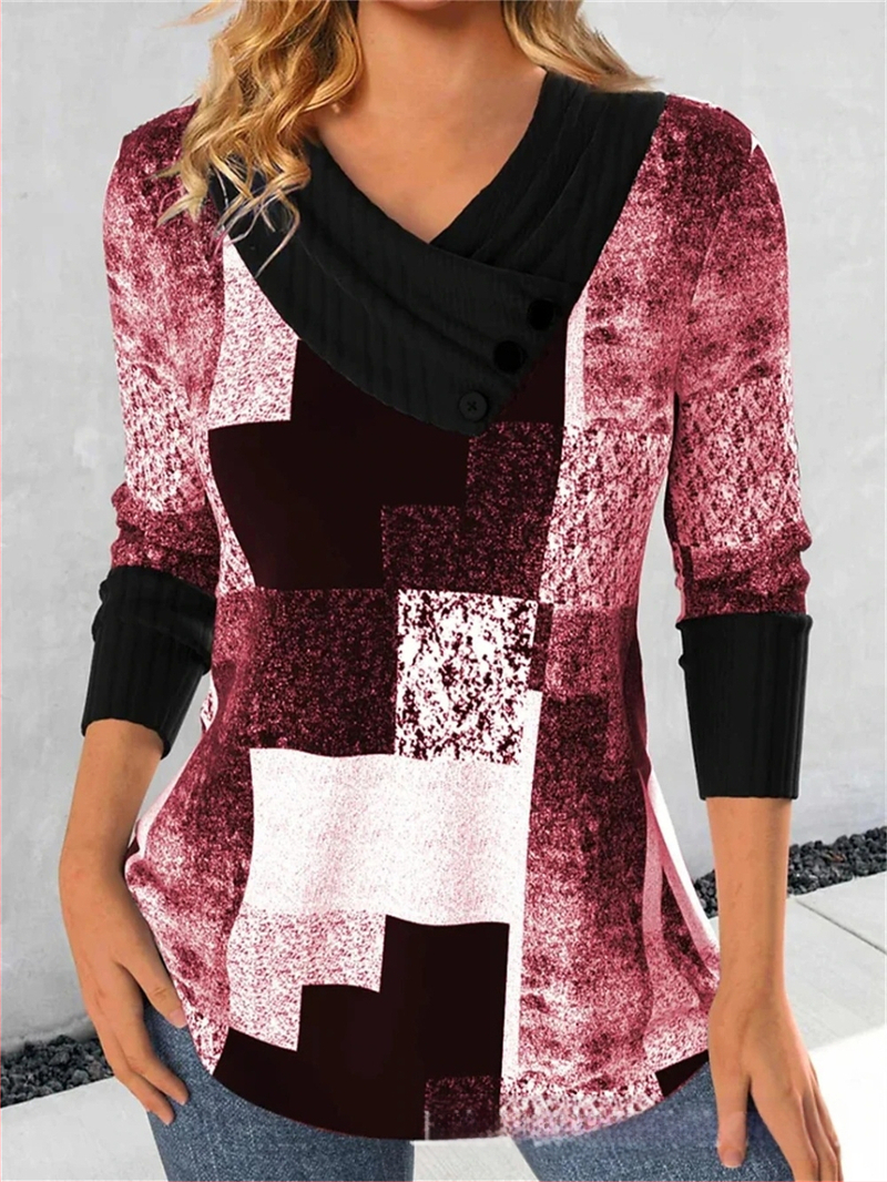 Határokon átnyúló Amazon AliExpress, Európa és az Egyesült Államok őszi és téli új divatos, nyomtatott V-nyakú, gombos hosszú ujjú póló felső