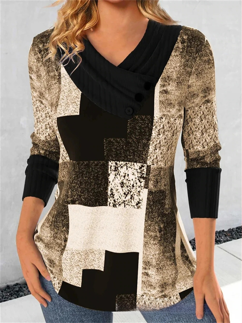 Határokon átnyúló Amazon AliExpress, Európa és az Egyesült Államok őszi és téli új divatos, nyomtatott V-nyakú, gombos hosszú ujjú póló felső