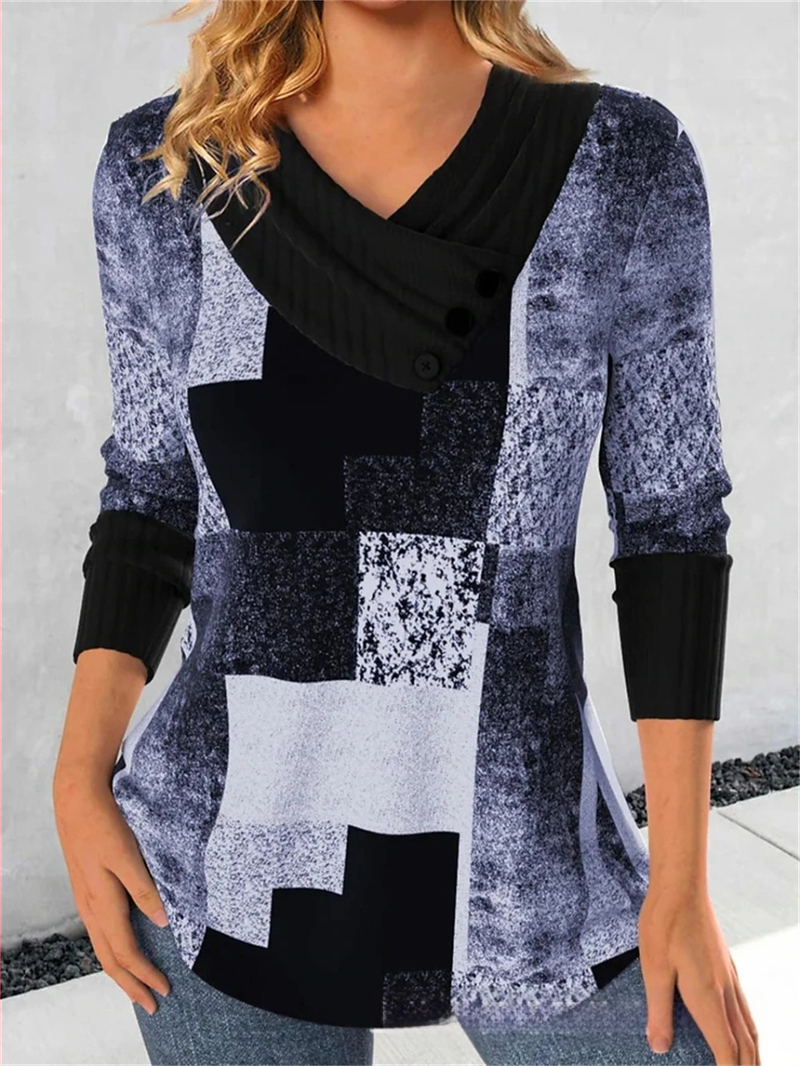 Határokon átnyúló Amazon AliExpress, Európa és az Egyesült Államok őszi és téli új divatos, nyomtatott V-nyakú, gombos hosszú ujjú póló felső