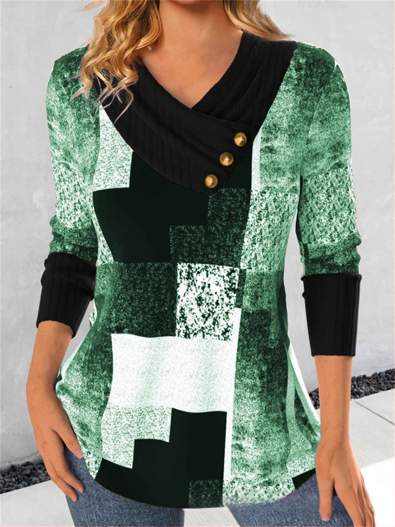 Határokon átnyúló Amazon AliExpress, Európa és az Egyesült Államok őszi és téli új divatos, nyomtatott V-nyakú, gombos hosszú ujjú póló felső