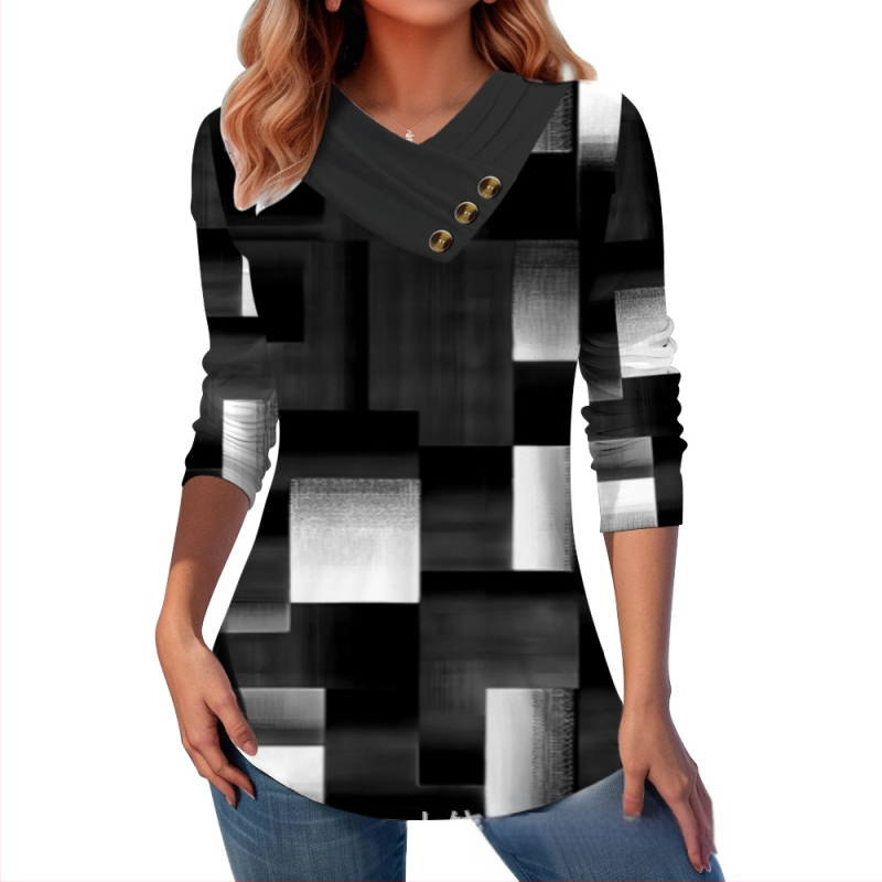 Határokon átnyúló Amazon AliExpress, Európa és az Egyesült Államok őszi és téli új divatos, nyomtatott V-nyakú, gombos hosszú ujjú póló felső
