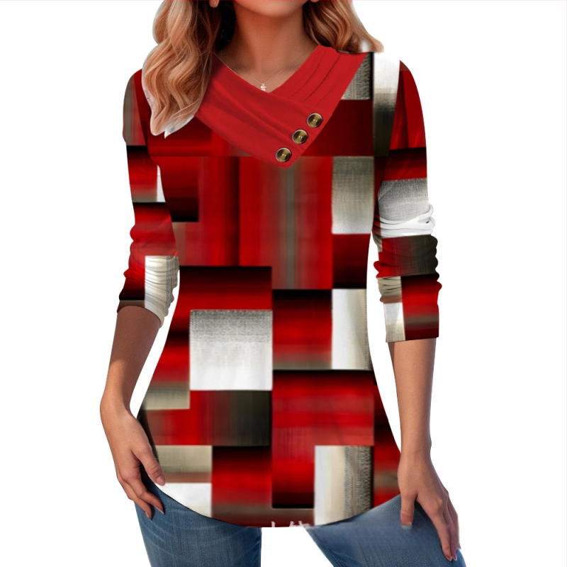 Határokon átnyúló Amazon AliExpress, Európa és az Egyesült Államok őszi és téli új divatos, nyomtatott V-nyakú, gombos hosszú ujjú póló felső