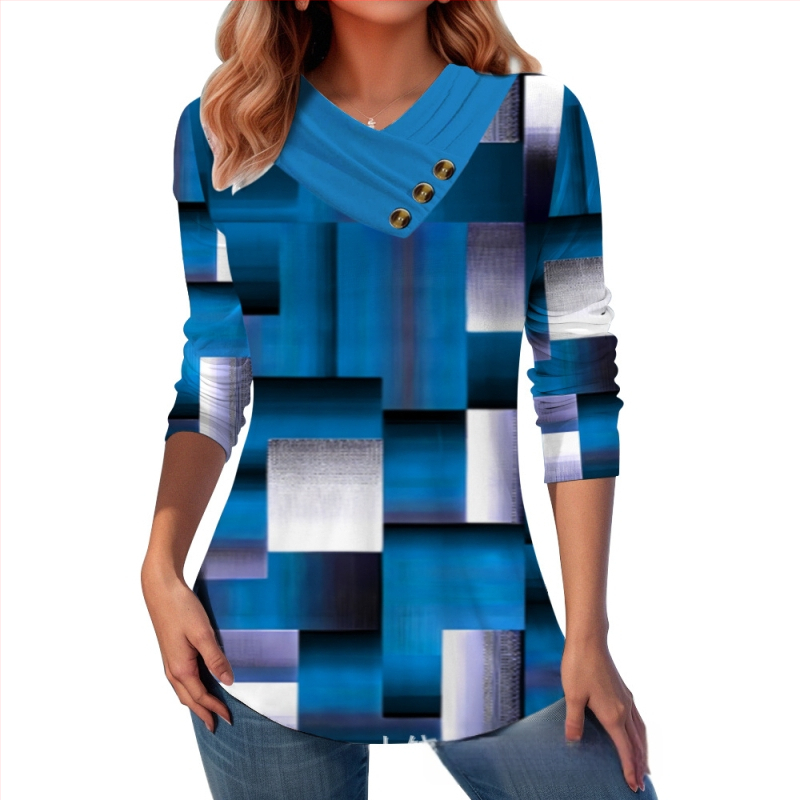 Határokon átnyúló Amazon AliExpress, Európa és az Egyesült Államok őszi és téli új divatos, nyomtatott V-nyakú, gombos hosszú ujjú póló felső