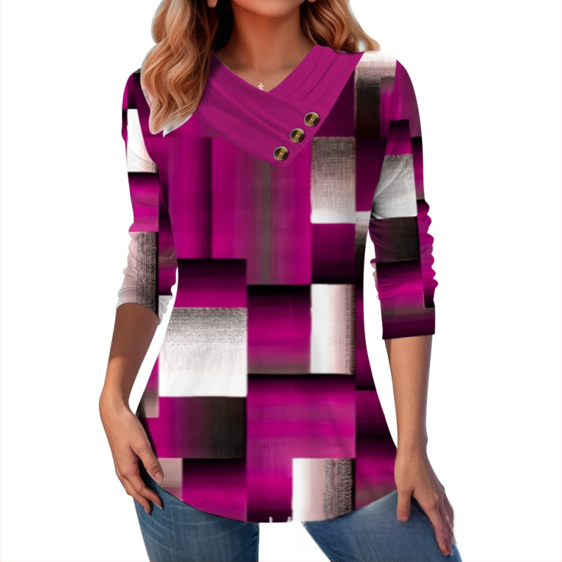 Határokon átnyúló Amazon AliExpress, Európa és az Egyesült Államok őszi és téli új divatos, nyomtatott V-nyakú, gombos hosszú ujjú póló felső
