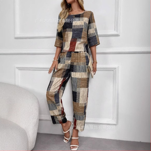 2025. aasta Euroopa ja Ameerika piiriülene moodne uus suvine geomeetrilise mustriga lühikeste varrukatega topp ja porgandipüksid