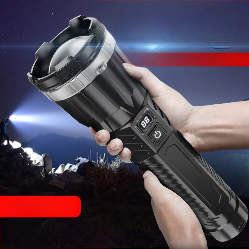 Uus valge laseriga tugeva valgusega pikamaa taskulamp ABS-multifunktsionaalne valgustuslamp, mis laadib öökalapüügilambi võimsuse näidikuga