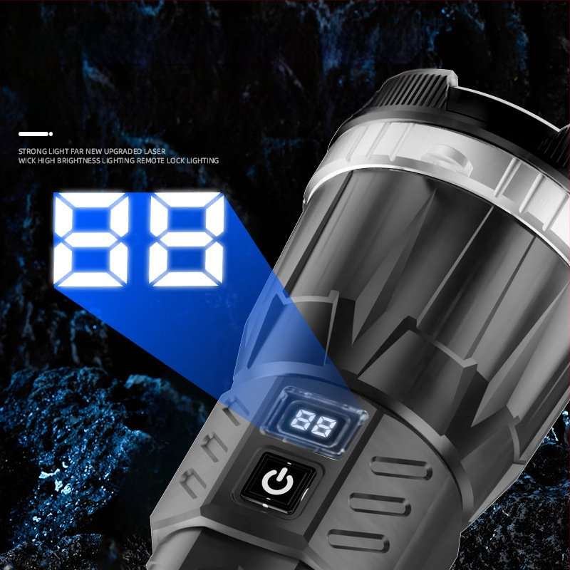 Uus valge laseriga tugeva valgusega pikamaa taskulamp ABS-multifunktsionaalne valgustuslamp, mis laadib öökalapüügilambi võimsuse näidikuga