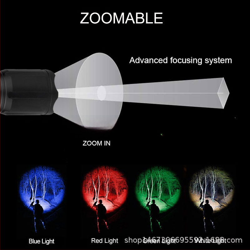 Piiriülene WRGB neljavärviline valgusallikaga taskulamp teleskoop-suumvalgusti, tugev valgus, pikamaa LED-valge punane sinine roheline signaaltuli
