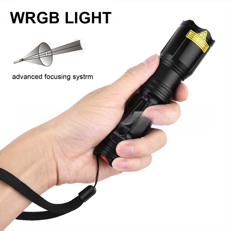 Piiriülene WRGB neljavärviline valgusallikaga taskulamp teleskoop-suumvalgusti, tugev valgus, pikamaa LED-valge punane sinine roheline signaaltuli
