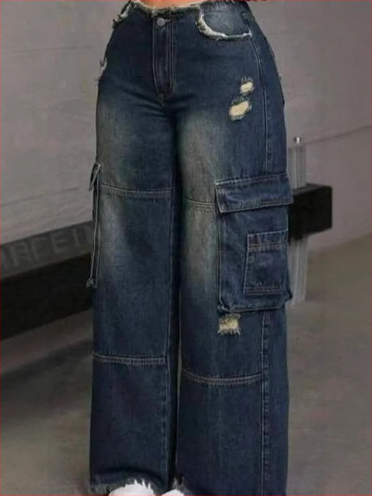 CargoJeansi naiste kombinesoonid, mitme taskuga teksad, lahtised sirged venivad püksid, piiriülene laoseis hulgimüügis