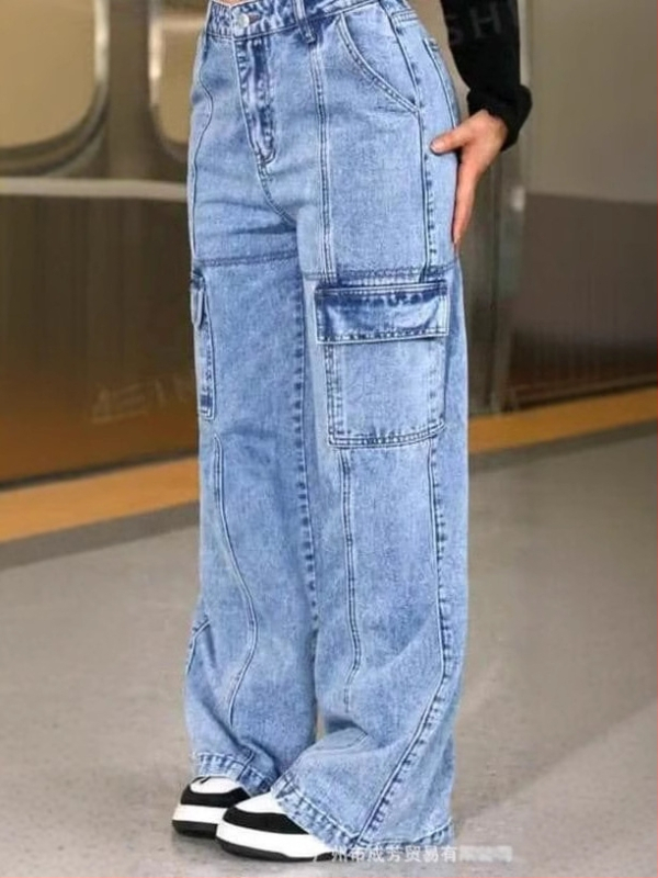 CargoJeansi naiste kombinesoonid, mitme taskuga teksad, lahtised sirged venivad püksid, piiriülene laoseis hulgimüügis