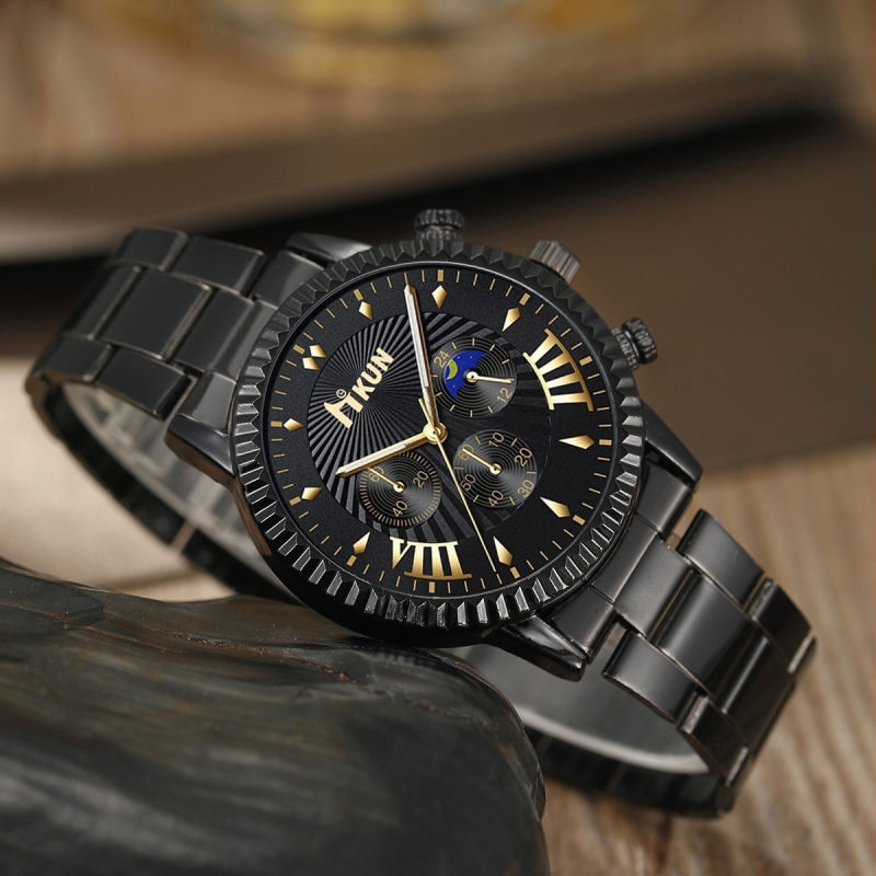 2025. gada pārrobežu dekorēšanas modes biznesa stilīgs pārnesumu ciparnīcas tērauda jostas vīriešu kvarca pulkstenis ar 5 daļu dāvanu kastīšu komplektu