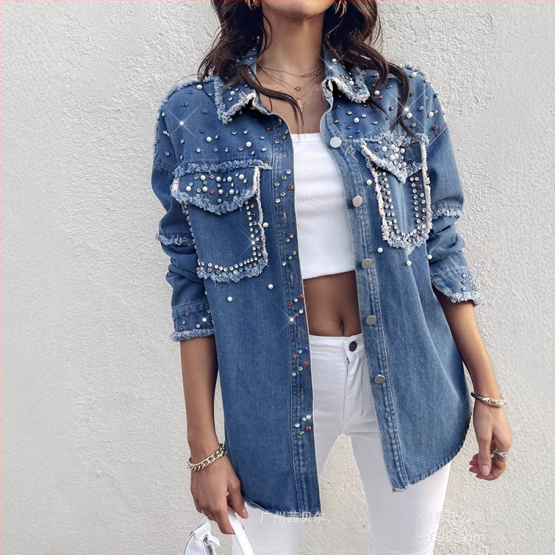 WMNL0001 Euroopa ja Ameerika piiriülene naiste helmestega kontrastne teksariidest pikkade varrukatega jakk