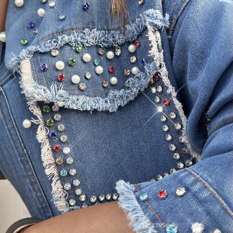 WMNL0001 Euroopa ja Ameerika piiriülene naiste helmestega kontrastne teksariidest pikkade varrukatega jakk