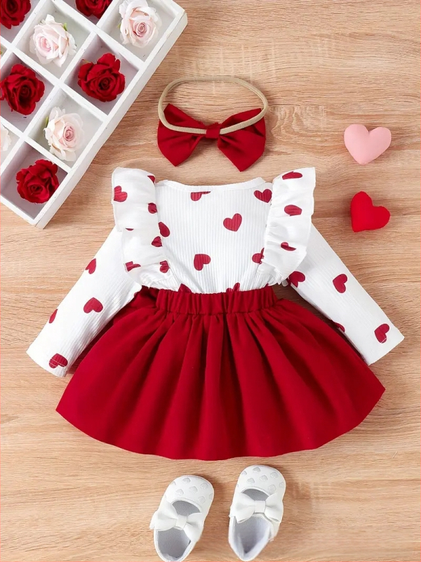 Slatka i romantična djevojačka dvodijelna haljina za Valentinovo s velikom mašnom ukrašenom printom srca