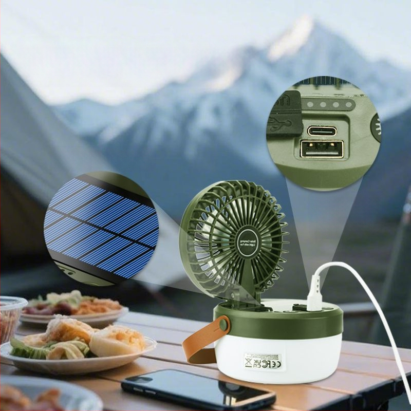 F5T päikeseenergial töötav telkimisstiilis valgustusventilaatoriga valgus, multifunktsionaalne, aku tööeaga laetav telkimisstiilis avariivalgusti