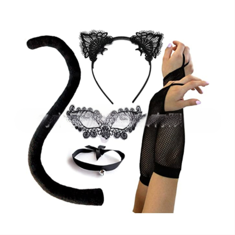 Seksikas musta kassi kaunistus Halloweeni pitsist silmamaskiga kassikõrvade peapaelaga kellukaelakee loomasabaga