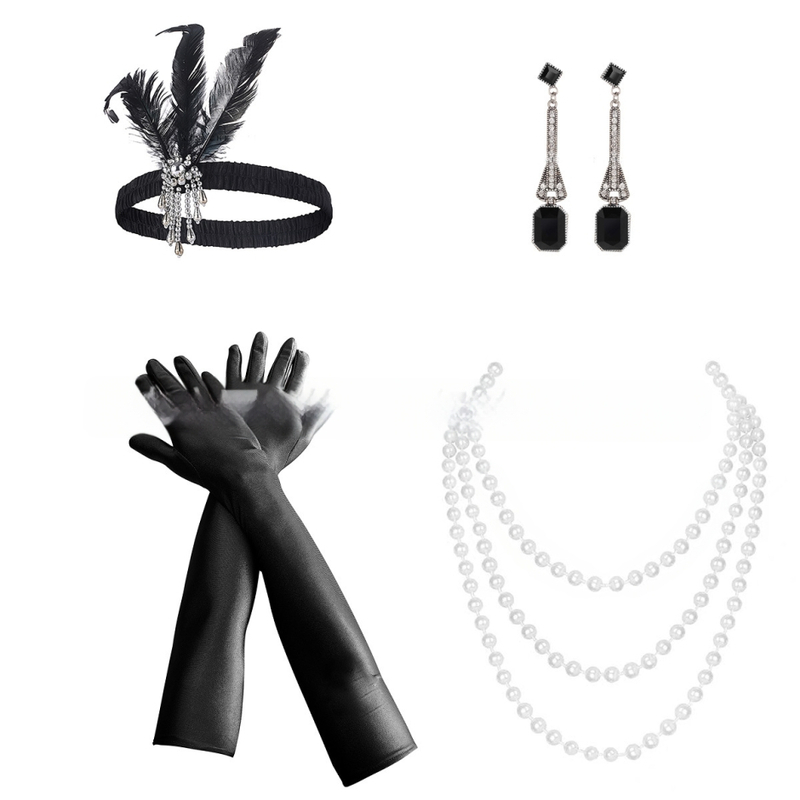 1920. aastate Gatsby daamide kleitide komplekt sulgedest juuksepaelte, kinnaste, kõrvarõngaste, kaelakee, neljaosaline peoballikomplekt