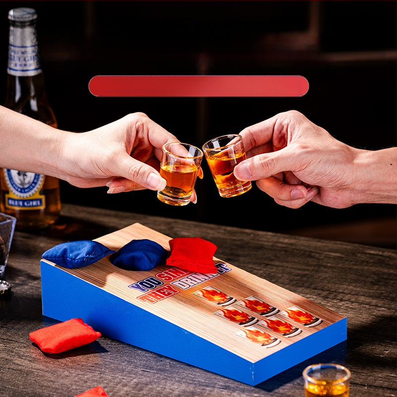 Puidust liivakottide viskamise mäng, spordimängude mänguasi, liivakottide viskamise lauakomplekt, laua liivakottide mäng veiniklaasiga