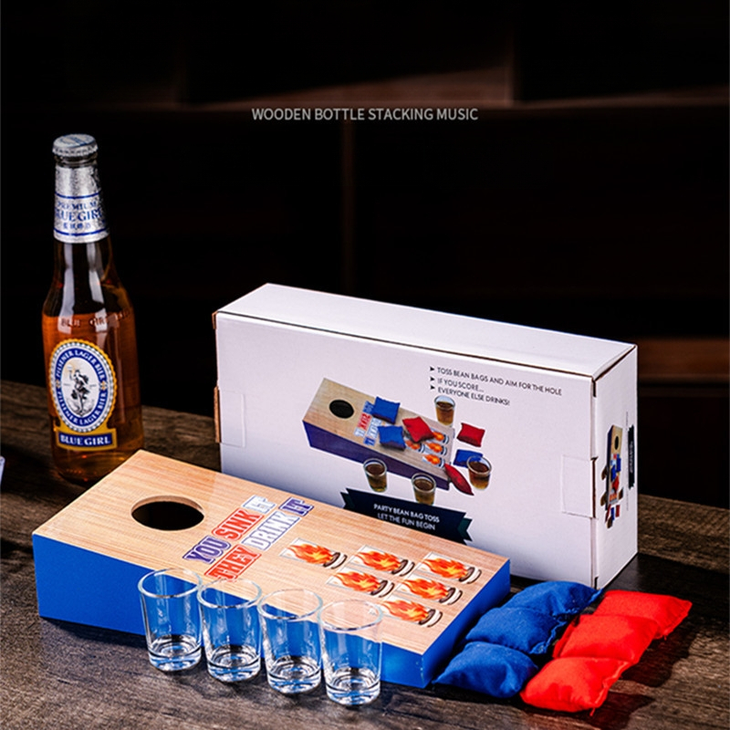 Puidust liivakottide viskamise mäng, spordimängude mänguasi, liivakottide viskamise lauakomplekt, laua liivakottide mäng veiniklaasiga