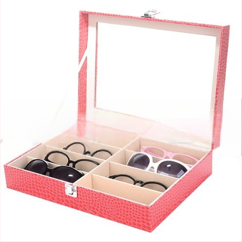 Didmeninė prekyba rožinės spalvos 8 tinklelio akinių vitrina, medinė akinių dėžutė nuo saulės, PU akinių laikymo dėžutė