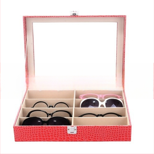 Didmeninė prekyba rožinės spalvos 8 tinklelio akinių vitrina, medinė akinių dėžutė nuo saulės, PU akinių laikymo dėžutė