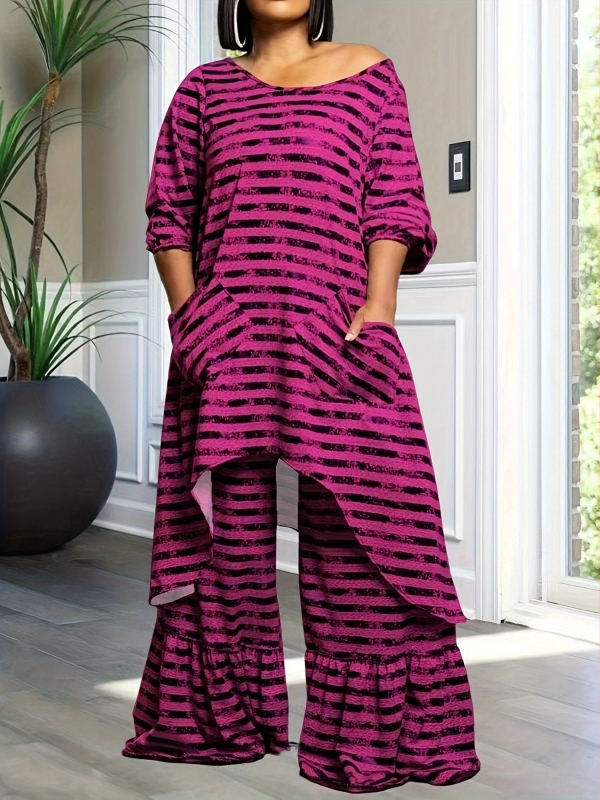 Dámsky ležérny oblek Directional Plus Size, veľkosť Zväčšenie, módny ležérny nepravidelný top a skladané nohavice so širokými nohavicami