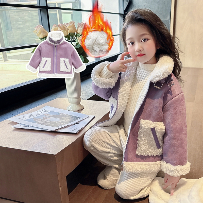 Djevojački novi dječji zimski top s flis podstavom iz 2024. Zimski kaput s krznom Thousand Fur One za djevojčice, ljubičasti