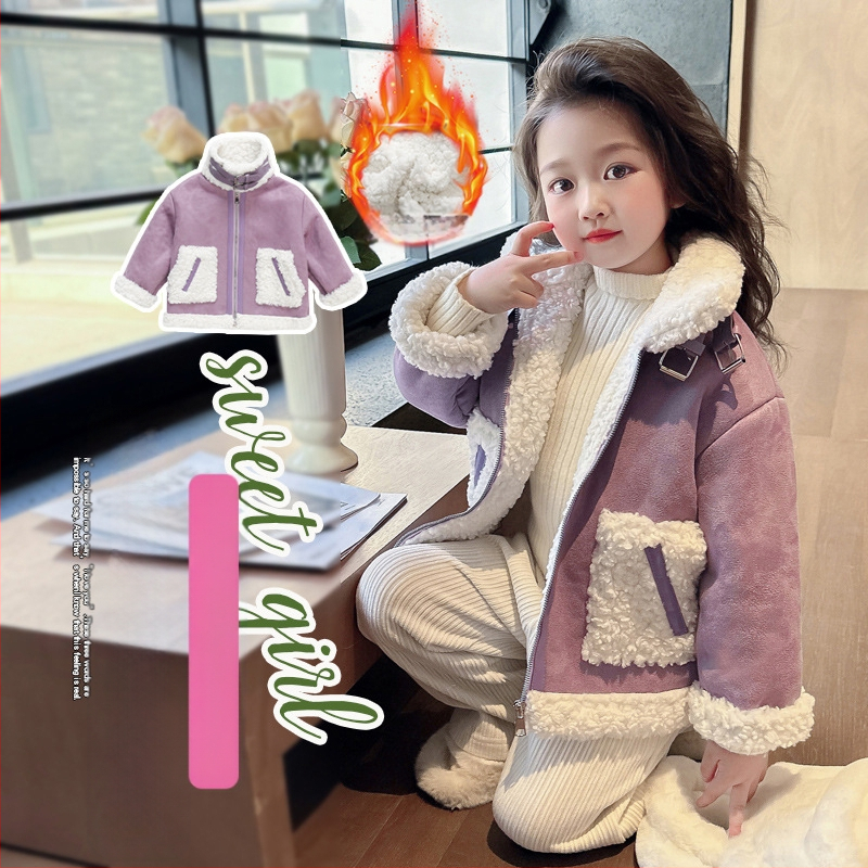 Djevojački novi dječji zimski top s flis podstavom iz 2024. Zimski kaput s krznom Thousand Fur One za djevojčice, ljubičasti
