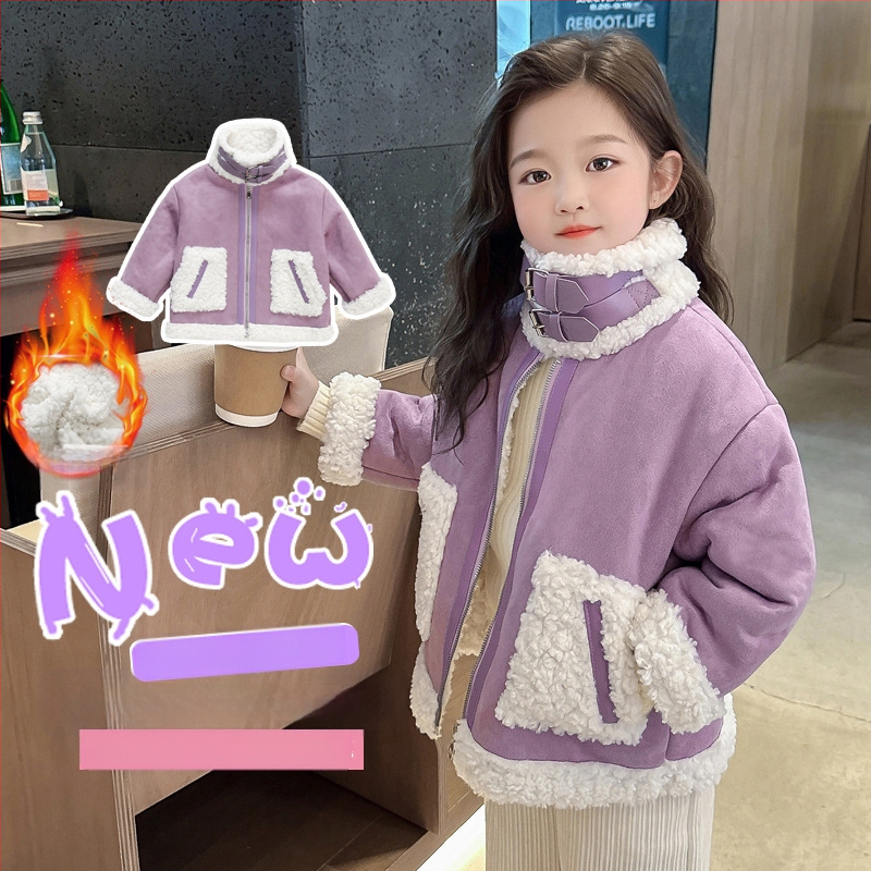 Djevojački novi dječji zimski top s flis podstavom iz 2024. Zimski kaput s krznom Thousand Fur One za djevojčice, ljubičasti