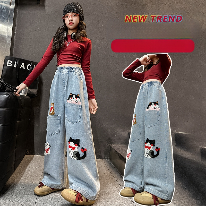 Puff Light armsad kutsikakleebisega teksad kevadel ja sügisel uued naiste lühikesed laiad jalad sirged püksid