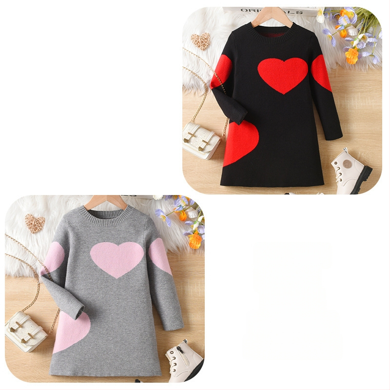 Meiteņu adīta kleita 2024. gada rudens un ziemas jaunā lielo bērnu mīlestība apaļa kakla svārki ārzemju stila bērnu džemperkleita