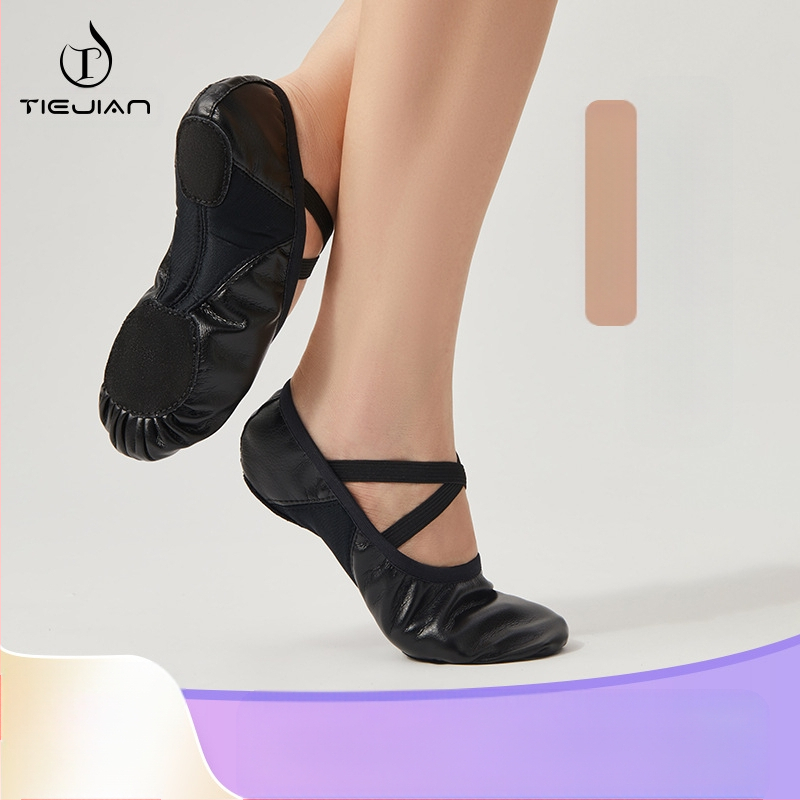 Deju apavi sievietēm, mīksta zole, pieaugušiem baletam, klasiskajai dejai, treniņapavi, melnas, PU ādas, divpunktu zoles deju apavi