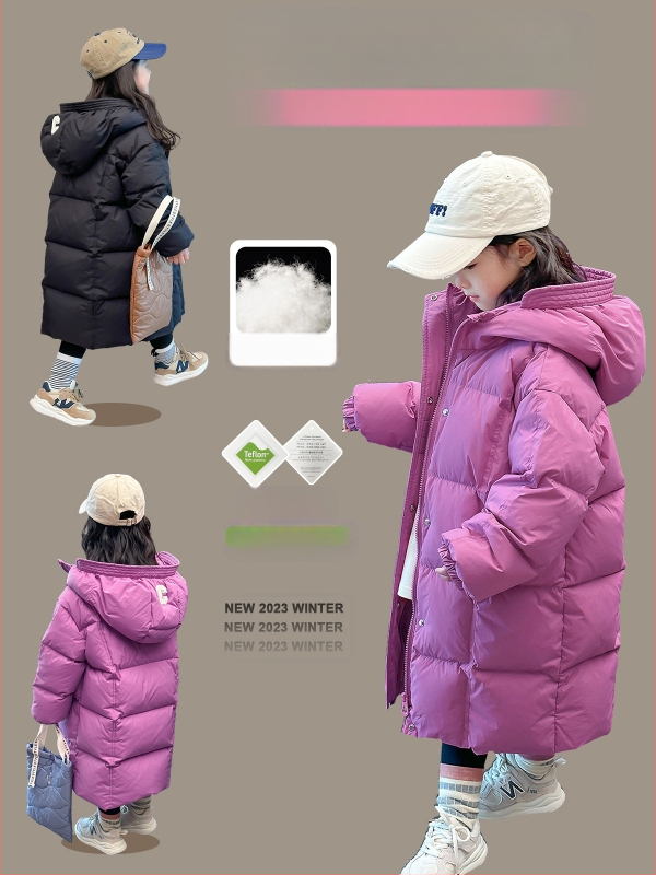 Meiteņu garā dūnu jaka 2025. gada ziemai Jauns bērnu apģērbs Kokvilnas virsdrēbes Bērnu bieza, ļoti auksta, pāri ceļgaliem sniedzoša, balta pīles dūnu jaka