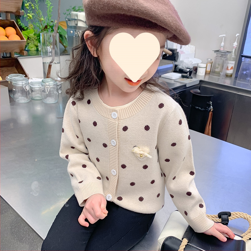 Vaikiški rudens ir žiemos drabužiai mergaitėms, storas megztinis su vilnos pamušalu, korėjietiškas megztas vaikiškas kardiganas su taškeliais
