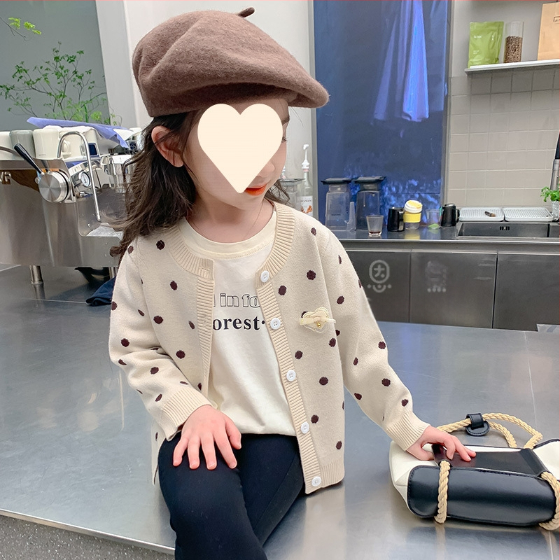 Vaikiški rudens ir žiemos drabužiai mergaitėms, storas megztinis su vilnos pamušalu, korėjietiškas megztas vaikiškas kardiganas su taškeliais