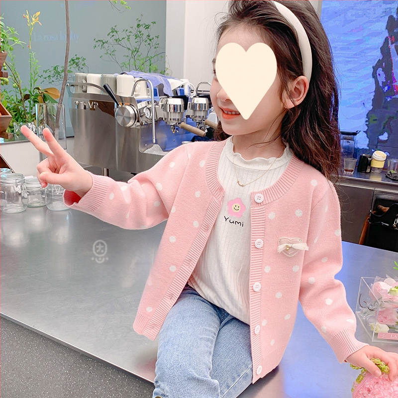 Vaikiški rudens ir žiemos drabužiai mergaitėms, storas megztinis su vilnos pamušalu, korėjietiškas megztas vaikiškas kardiganas su taškeliais
