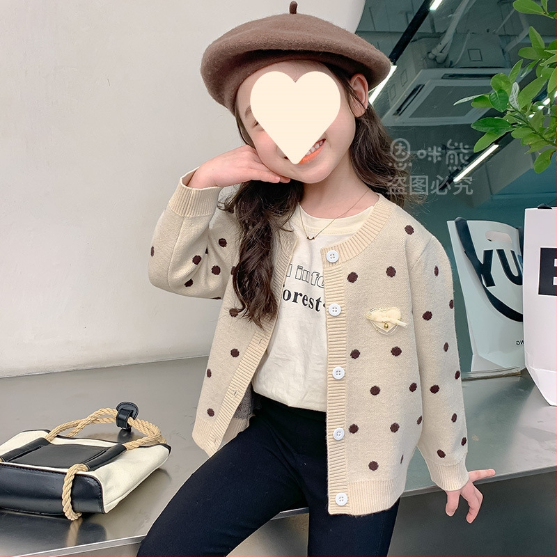 Vaikiški rudens ir žiemos drabužiai mergaitėms, storas megztinis su vilnos pamušalu, korėjietiškas megztas vaikiškas kardiganas su taškeliais