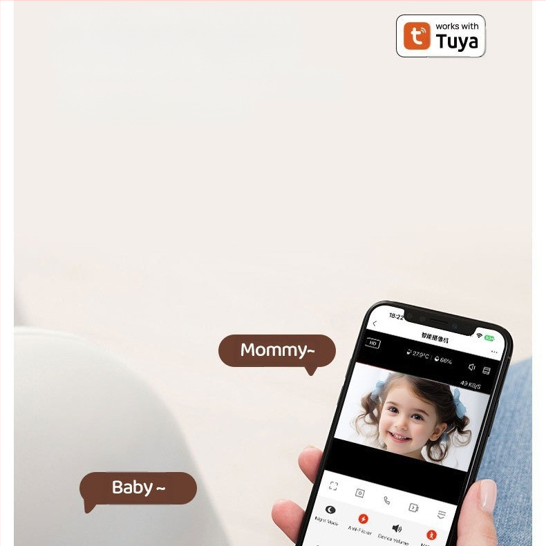 TUYA didelės raiškos kūdikių monitorius, didelės raiškos naktinio matymo temperatūros ir drėgmės aptikimas, pasukamas matymo kampas, realaus laiko domofonas