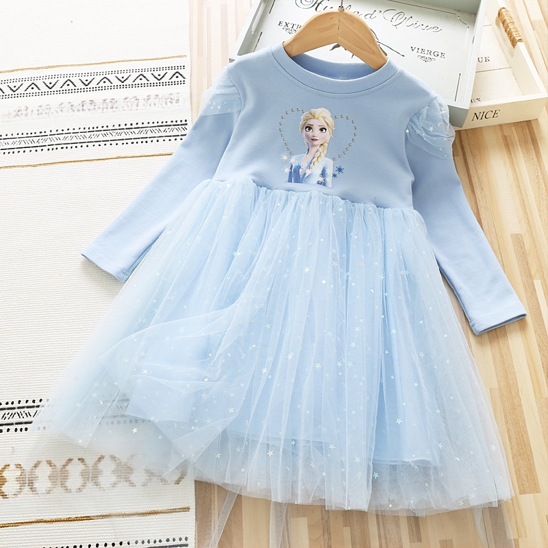 Mergaičių suknelė 2025 rudens ir žiemos kūdikiams medvilninė ilgomis rankovėmis tinklinė suknelė mažajai mergaitei žvaigždės formos princesės Elsos suknelė